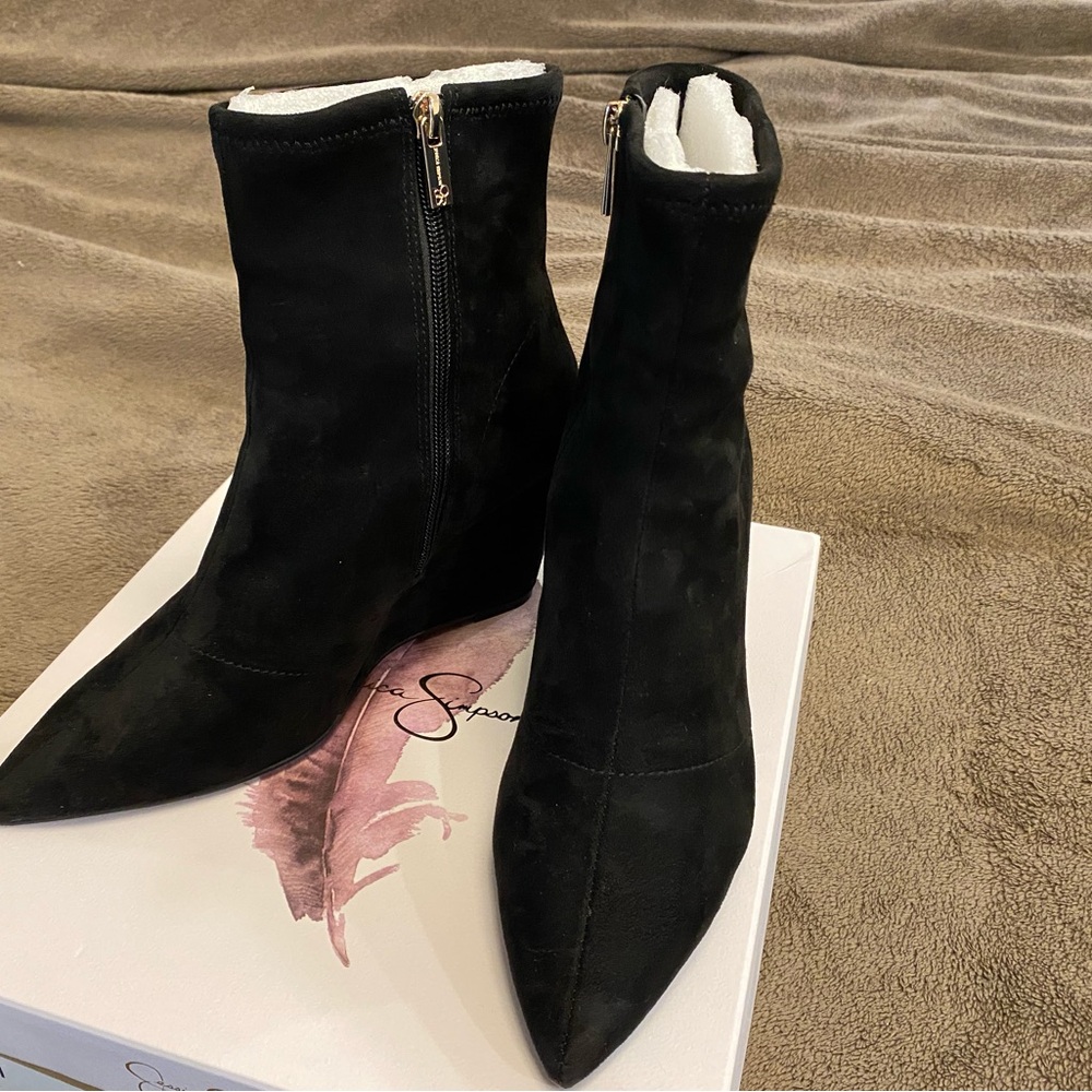 Jessica Simpson- Black Suede Pointed-Toe Ankle Boots - Women